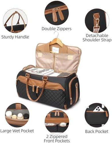 BAVERGE Convertible Garment Bag for Travel with Shoe Compartment, 2-in-1 Carry On Duffle for Hanging Clothes, Foldable Weekender Overnight Bag with Toiletry Bag