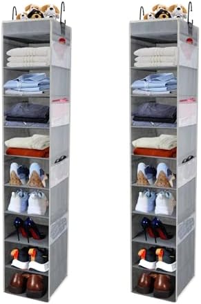 2 Pack Large-Sized Hanging Shoe Organizer 10-Shelf, Sturdy Hanging Closet Organizer with 8 Side Pockets, Wider Hanging Shelves for Storage Shoes Clothes Jeans Shirts Toys, Grey.