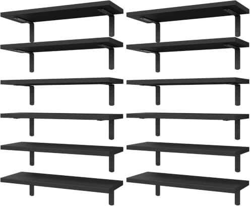 WOPITUES Wood Floating Shelves Set of 6, Shelves for Wall Decor, Farmhouse Shelf for Bedroom, Bathroom Storage Shelves, Book Shelves for Living Room-Black (Pack of 2)