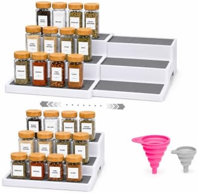 Pack of 2, Expandable 3 Tiered Spice Rack Organizer for Cabinet and Kitchen Pantry Shelf - Non-Slip Shelves for Spices, Seasoning, Canned Food, Medicine Cabinet Organizer - Includes Silicone Funnels
