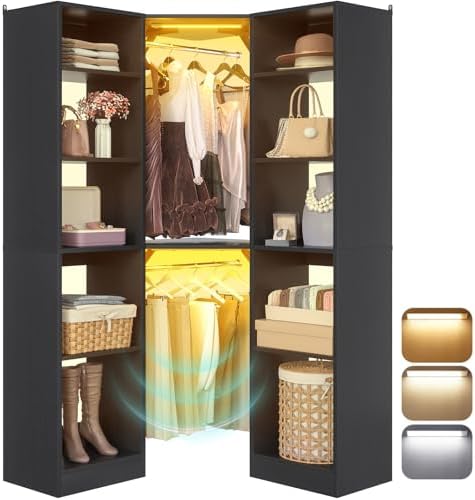 Besiost Corner Closet System with 2 Motion Sensor Lights, 39.2" Corner Closet Organizer with 12 Shelves, Closet Corner with 2 Hanging Rods, Versatile 6-Tier Walk-in Closets for Corner Space, Black