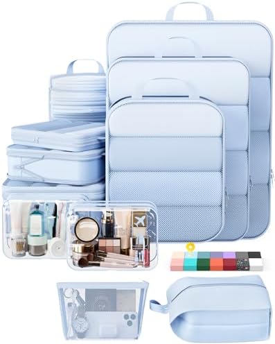 Veken 11 Set Compression Packing Cubes Garment Bags for Travel Essentials,Compressible Expandable Luggage Organizer Bags for Clothing,Space Saver Bags with Over 1000 pcs of Mesh Holes(Light Blue)