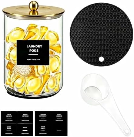 1 Gallon Glass Laundry Detergent Dispenser - Borosilicate Glass Canister Jar with Airtight Lid, Scoop & Black Silicone Mat, 16 Labels for Laundry Room Organization Powder Soap Container (1, Gold)