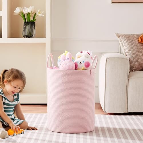 Large Pink Hamper Laundry Basket for Baby Kids 15Dx20H inches | Woven Rope Nursery Hamper for Girls Room Bedroom Kawaii Laundry Bin 60L Capacity