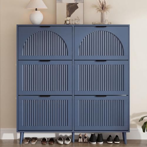 Shoe Storage Cabinet with 6 Flip Drawers, Narrow Wood Shoe Organizer Cabinet with Fluted Panel, Slim Shoe Rack for Entryway, Freestanding Shoe Cabinet for Living Room, Hallway, Blue