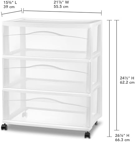 Sterilite Wide 3 Drawer Storage Cart Plastic Rolling Organizer, White Frame