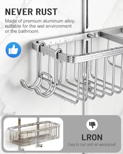 Adjustable Shower Caddy Hanging for Handheld Showerheads - Upgraded Never Rust Shower Hanging Organizer, Bathroom Shower Rack with Soap Basket, Hooks and Toothbrush Holder (Shiny Silver)