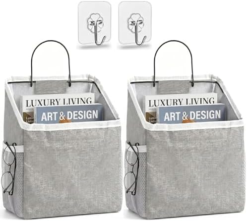 Kanrichu Wall Hanging Organizer Bag, 2-Pack Linen Storage Baskets, Wall Hanging Storage Basket for Bedroom, Kitchen, Office, RV Camper (Gray-2ps)