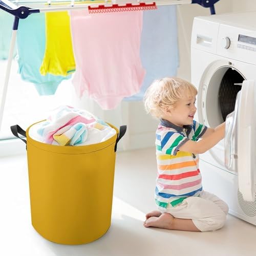 Large Laundry Hamper Bag, Mustard Yellow Collapsible Laundry Basket with Drawstring Dirty Clothes Organizer Washing Bin for Family Essentials Storage