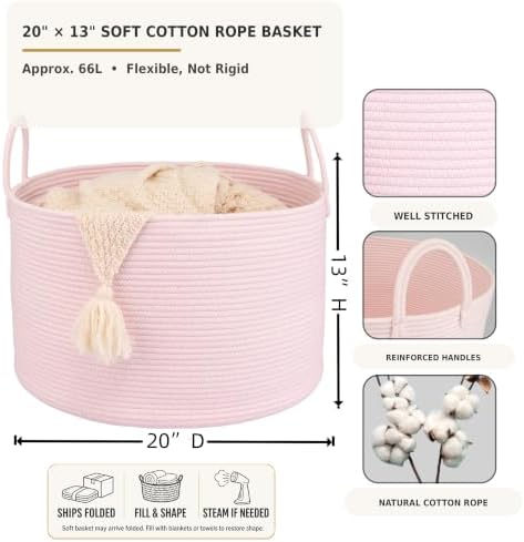 XUANGUO 66L Large Blanket Basket, Round Cotton Rope Basket, Light Pink