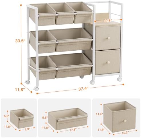 Modanais Kids Toy Organizers and Storage Bins, Off White | 7 Storage Bins + 2 Fabric Drawers + 1 Bookshelf, Playroom Storage, Organizer for Toy, Clothes, Blankets and Books