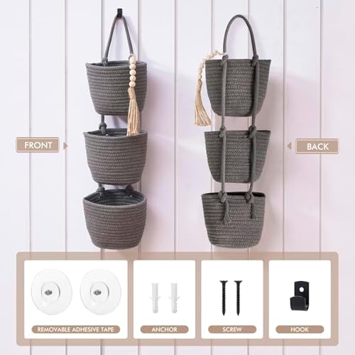 LIGHT DUST Wall Hanging Rope Baskets 3-Tier Boho Organizers (Gray & Black)