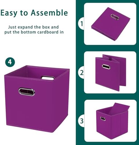 Black Foldable Storage Cubes Bins, Fabric Storage Box Cubes Organizer Baskets with Dual Handles for Home Organizer,Set of 3,(Purple)