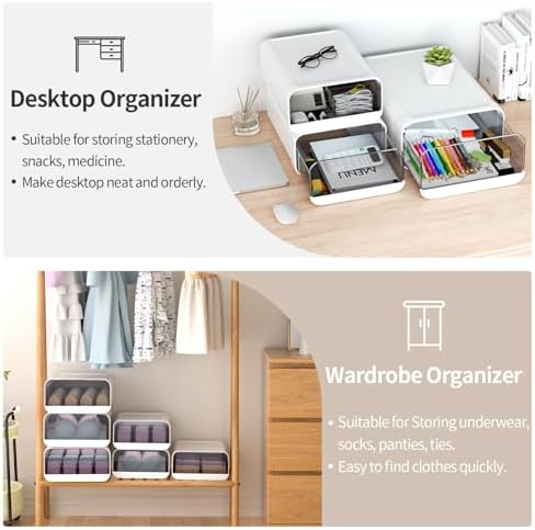 Underwear Organizer Drawer, 1 Cell Plastic Sock Underwear Storage Drawer, Stackable Closet Organizers and Storage Box for Bras, Socks, Scarves, Ties, Belt (King Size-White, 1 Pcs)
