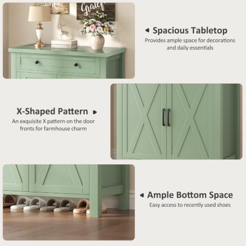 Farmhouse Shoe Storage Cabinet, 5-Tier High Boots Organizer with Adjustable Shelves, Large Drawer & Barn Doors, Entryway Shoe Rack for Hallway Living Room, Green