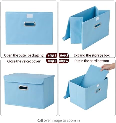 STOREONE Fabric Storage Cube Bins Foldable Organizer Container Collapsible Basket with Lids and Metal Handles, for Home, Bedroom, Closet 6 Pcs (multicolour-blue)