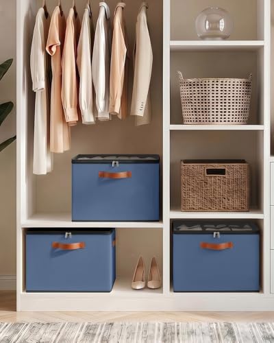 3 Pack Foldable Shoe Storage Bin Clear Lid Organizer for Entryway,Navy Blue