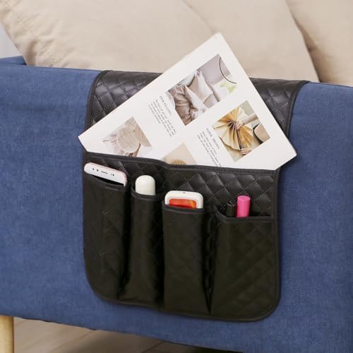 PU Leather Sofa Armrest Organizer Couch Arm Storage Bag Sofa Arm Couch Caddy Anti-Spill Armrest Remote Control and Cellphone Organizer Holder (Black)