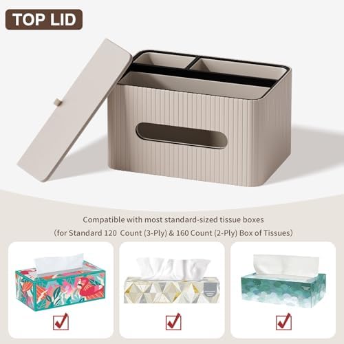 KINGFOM Leather Tissue Box Cover with Storage Tray, Decorative Tissue Box Holder Organizer for Office Desk, Bedroom & Nightstand, Remote Control Holder for Perfume, Watch, Glasses, Pens (Mocha Beige)