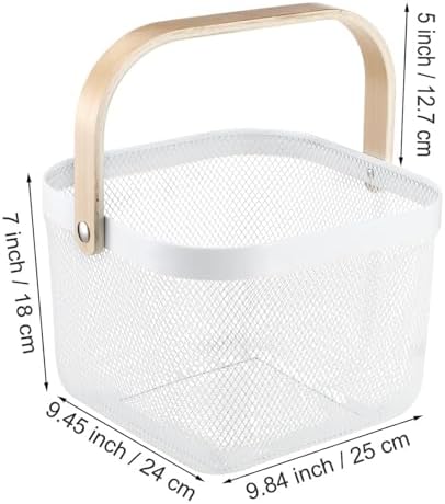 AJIODA Metal Mesh Wire Basket, Large Steel Basket with Wooden Handle Storage Organizer Basket Multi-functional Hanging Kitchen Baskets Fruit Baskets for Kitchen Bathroom Cabinet Pantry Snacks, White