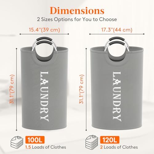 Lifewit 2 Pack 120L Laundry Basket with Aluminum Handles, Silver Grey | Collapsible Large Laundry Hamper, Waterproof Fabric, Freestanding Dirty Clothes Hampers for Dorm, RV, Bedroom, Laundry Room