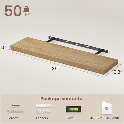 Vivelove Floating Shelves 9 inch Deep 36”Long Set of 2, Oak | Easy Install With Hardware, 1.5" Thick, Invisible Brackets, Wall Mounted, No Sagging, For Any Room