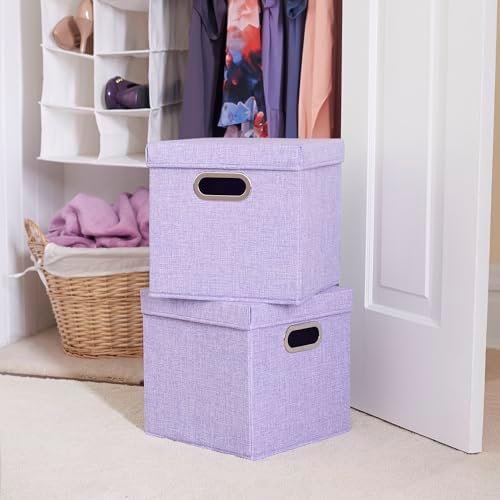 Household Essentials 814-1 Café Cube Bin Storage Set with Lids and Handles | 2 Pack, Purple Linen