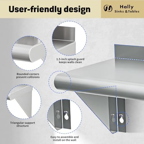 Hally Stainless Steel Shelf 2 Pack Wall Mounted Metal Shelves 12"x36" NSF | Kitchen Wall Shelf, 250lb Capacity, Heavy Duty Commercial Storage Rack, for Restaurant, Cafe, Bar , Garage, Laundry Room