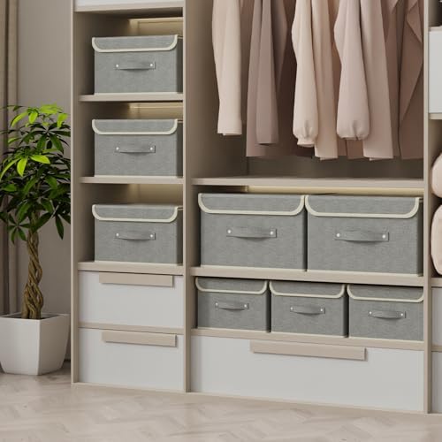 Foldable Fabric Storage Cubes with Lids,Grey 10.2x7.9x6.7in,5 Pack | Storage Bins with Handles,PP Panel Closet Organizers,Washable Boxes,Collapsible Fabric Container for Underwear and Socks