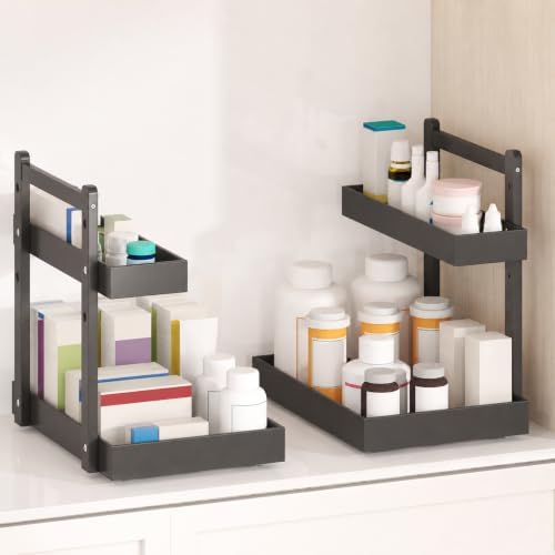 Bamboo Under Sink Organizer 2 Pack, 2-Tier Pull Out Cabinet Organizer