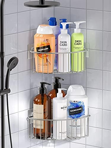 SMARTAKE 2-Pack Corner Shower Caddy Deep Basket, SUS304 Stainless Steel | Wall Mounted Bathroom Shelf with Adhesive, Storage Organizer for Toilet, Dorm and Kitchen , Silver