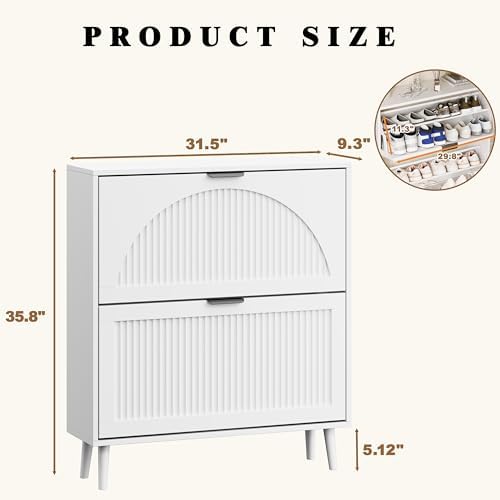Shoe Storage Cabinet with 2 Flip Drawers, Narrow Wood Shoe Organizer Cabinet with Fluted Panel, Slim Shoe Rack for Entryway, Freestanding Shoe Cabinet for Living Room, Hallway, White
