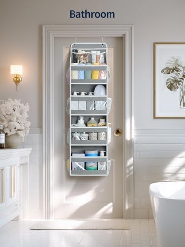 Yecaye 5 Tier Over the Door Organizer, Swing-proof Door Organizer Hanging with Clear PVC Windows, Behind the Door Storage for Bedroom Nursery Closet Laundry Pantry Bathroom, Grey