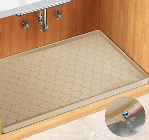 Winisok Waterproof Under Sink Mat 34" x 19", Silicone Mat, Beige | Raised Edge Traps Spills & Leaks, Shelf Liner, Cabinet Protector, for Kitchen, Bathroom, Boots, Pets, Home Essentials