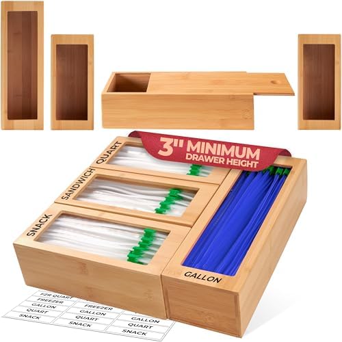 Bamboo Bag Organizer for Drawer, 4 Blocks, Plastic Bag Storage Holder | Kitchen organization with quick refill from the back; labels included; fits gallon, quart, sandwich and snack sizes