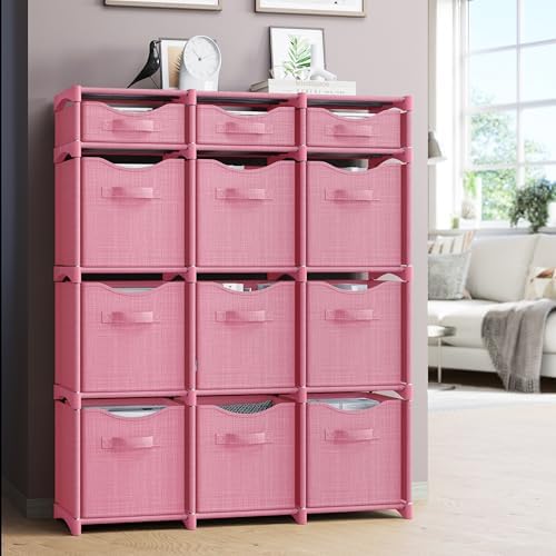 Cube Storage Organizer with Storage Bins Included - The Perfect Closet Organizers and Storage Solution. Includes 12 Storage Cubes, Great For Toy Storage, Closet Storage, Clothes Storage (Pink)