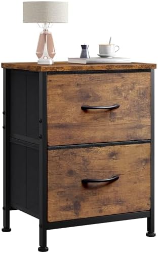 WLIVE Night Stand, Small Dresser with 2 Drawers & Wooden Top, Nightstand with Fabric Bins, Bedside Table End Table for Bedroom, Closet, Entryway, College Dorm, Rustic Brown