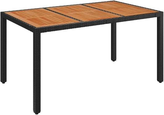 vidaXL Black Poly Rattan Patio Table with Acacia Wooden Top, Weather Outdoor Garden Furniture, Easy Assembly, Durable & Stable, Ideal for Patio, Garden & Outdoor Spaces, Size: 59.1"x35.4"x29.5"