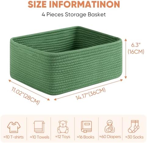 OIAHOMY 4 Pack 14.17 * 11.02 * 6.3IN Storage Baskets for Organizing Shelves, Woven Rope Baskets for Organizing Books, Clothes, Decorative Basket for Living Room, Nursery, Bedroom, Gift Basket, Green