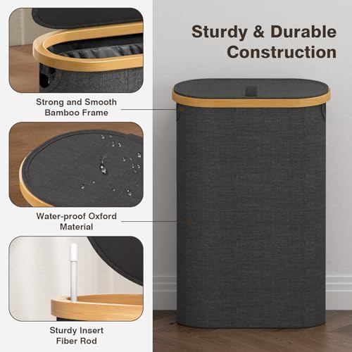Bathola Slim Laundry Hamper with Lid, 60L Small Laundry Basket, Dark Grey