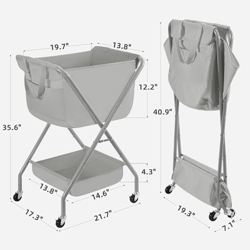 STORAGE MANIAC Collapsible Laundry Cart with Wheels 35.6"H Removable Canvas Bag Rolling Laundry Hamper Clothes Basket with Wheels, Sturdy Steel Frame Folding for Small Narrow Space Easy Storage, Grey