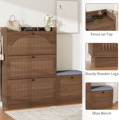 Shoe Storage Cabinet with 4 Flip Drawers,Shoe Bench (Walnut)