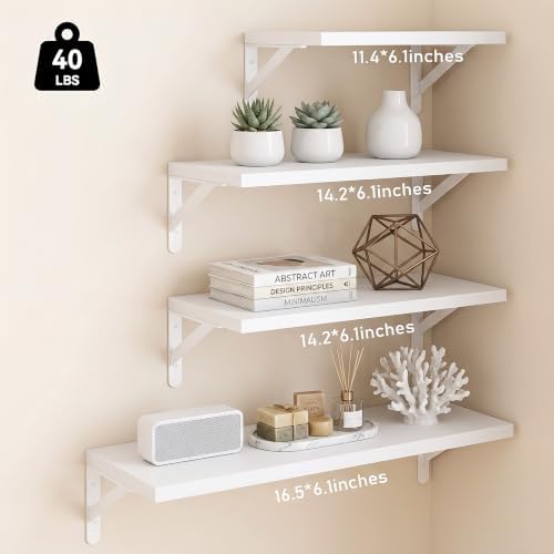 YGEOMER 4 Different Sizes Floating Shelves for Wall Home Decor, White | Rustic wood shelves in mixed sizes for flexible combined storage. Fits bathroom, kitchen, living room, bedroom and office.