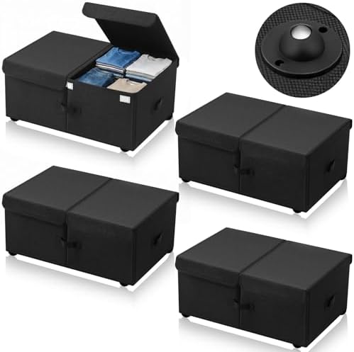 Geelin 4 Pack Under Bed Storage with Wheels, 10 Inch Height 65L Large Capacity Foldable Underbed Storage Bins with Lids & Handles, Easy Assembly Rolling Under Bed Containers for Clothes Blankets Shoes
