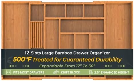 keechee Carbonized Large Bamboo Kitchen Drawer Organizer, 12 Slots Expandable Silverware Organizer, Utensil Holder & Cutlery Tray, 2.5" Deep for Extra Capacity, Non-Slip Feet Included