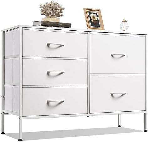 WLIVE 5 Drawer White Fabric Dresser for Bedroom, Wide Storage Chest