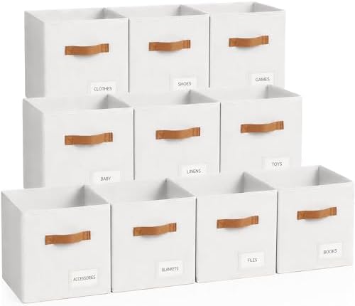 Storage Cubes 10 Pack, 11 Inch Fabric Storage Cubes Organizer Bins with Labels, Odor-Free & Sturdy PP Structure, Cubby Baskets for Closet, Shelves, Toys & Nursery (White)