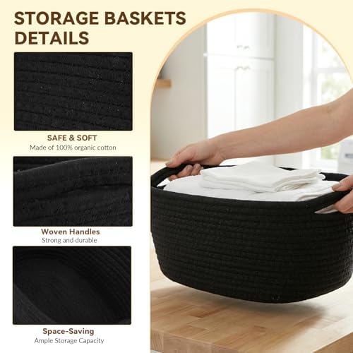 10 Pack Black Small Woven Baskets for Organizing, 11.5"x7.5"x4.7" Cotton Rope Storage Bins, Sleek Empty Gift Baskets for Modern Home, Office, Bathroom Shelf & Closet Organization