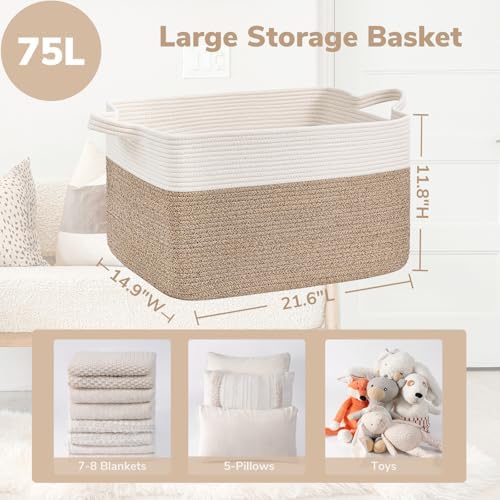 Goodpick Large Woven Rope Blanket Basket, Rectangle, White & Light Brown (Pack of 10)