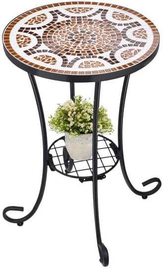 VCUTEKA Outdoor Side Table Mosaic Patio Table Accent Tables Mosaic Tile Top Metal Frame Small End Tables Porch Beach Patio Garden Balcony Russet 14''